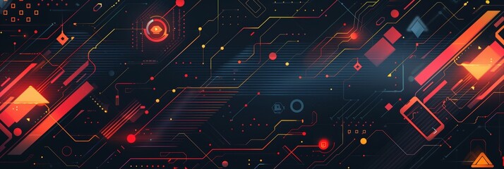 Obraz premium A flat vector background with simple shapes and lines in dark colors, featuring orange and red geometric patterns on the right side of an empty space for text or design elements