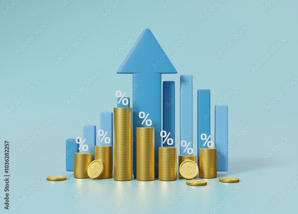 Poster a 3d rendered illustration of an ascending graph icon with a growth arrow placed in the center with 