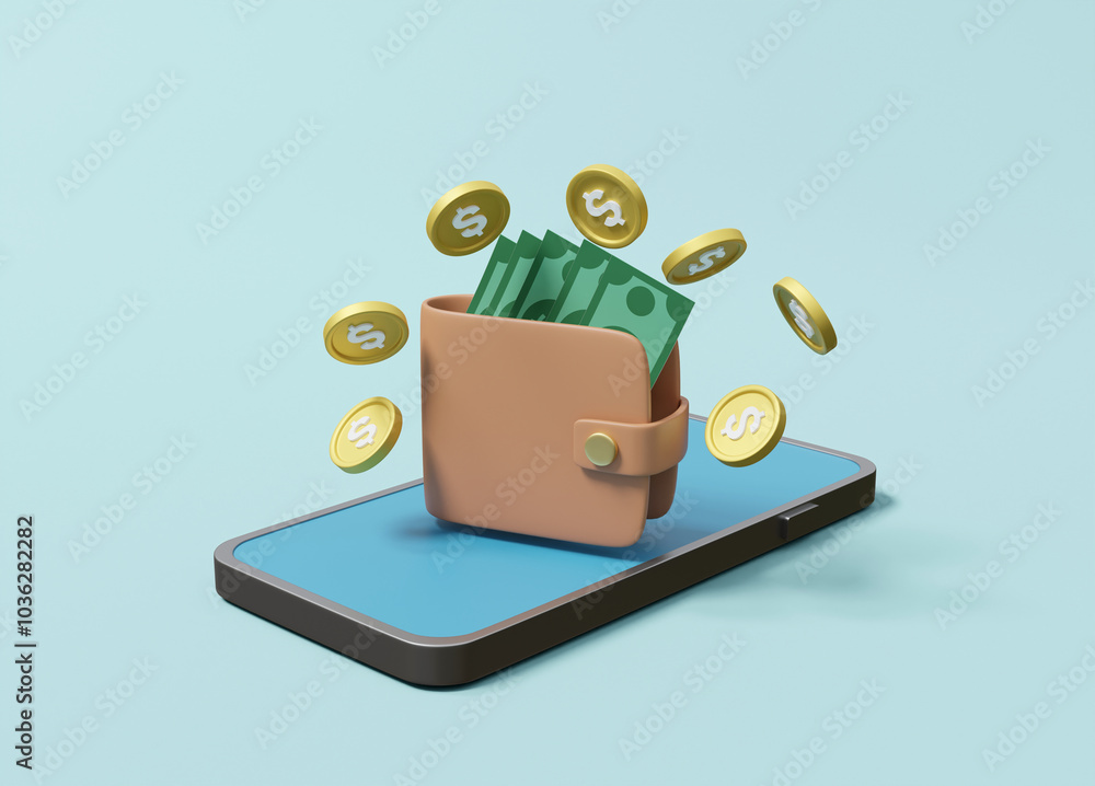 Aufkleber a 3d rendered illustration of a wallet icon full of banknotes is displayed on a mobile screen with g