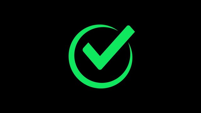Animated flat voting icon with simple motion at alpha png  background. uccess, correct sign.
 White check mark in green circle black background. Check mark icon animation on black background.
