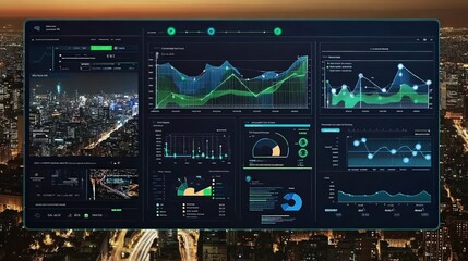 A smart city dashboard showing energy savings and carbon footprint reduction metrics in real time