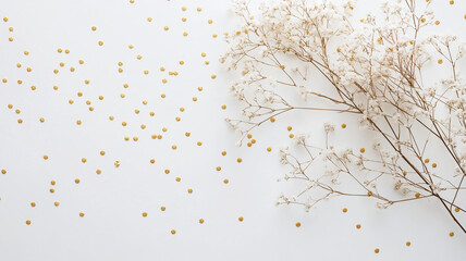 Elegant New Year’s Eve celebration with golden confetti and delicate flowers on a white backdrop