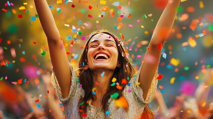 Obraz premium A smiling person throwing handfuls of confetti into the air, celebrating their success with exuberance, with colorful confetti reflecting the excitement of the moment.