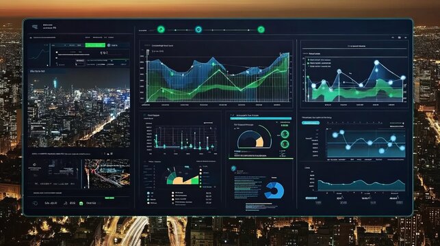A smart city dashboard showing energy savings and carbon footprint reduction metrics in real time