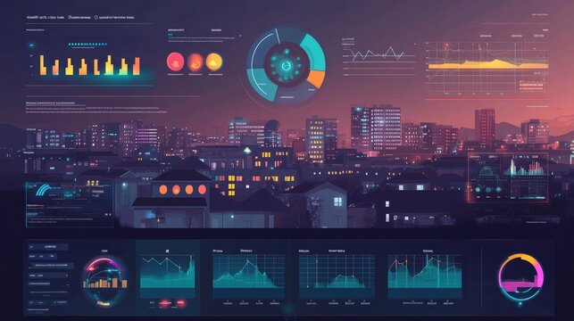 A smart city dashboard showing energy savings and carbon footprint reduction metrics in real time