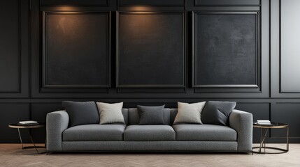 A sophisticated living room featuring a gray couch and three square accent art pieces on a bold black wall, creating a striking gallery-like triptych layout in rich, dark colors.