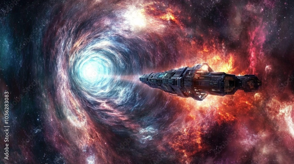 Poster a spaceship entering a wormhole, warping space and time in a mesmerizing display