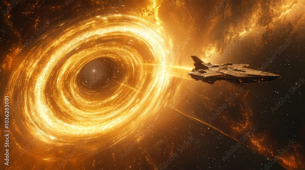 Poster a spaceship entering a wormhole, warping space and time in a mesmerizing display