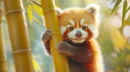 Fototapeta premium 3D Cute Baby Red Panda Climbing a Pastel Yellow Background