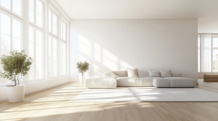 A spacious living room with modern Scandinavian design, featuring white walls, light wood floors, and a large sofa, with panoramic windows showcasing a bright sunny day.