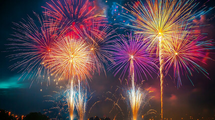 Vibrant fireworks lighting up the night sky as crowds celebrate New Year's Eve festivities