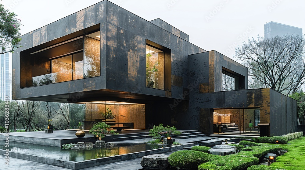 Poster modern architectural design featuring a unique, angular house with greenery and water elements.