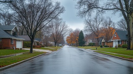 A peaceful suburban street is damp with rain, showcasing colorful autumn foliage on the trees. The overcast sky adds a serene atmosphere to this tranquil setting.