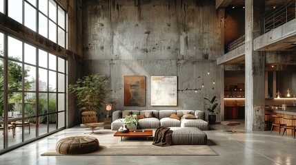 Modern industrial living room with large windows and cozy seating.