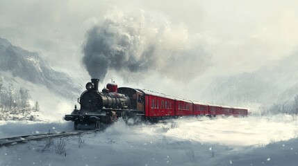 Fototapeta premium A steam train on a snowy winter day, the bright red carriages standing out against the white landscape, with smoke creating a misty effect.