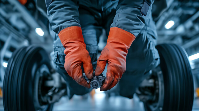 A mechanic in work gloves carefully inspects a metallic component, showcasing precision and attention to detail in an industrial setting.