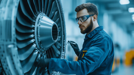 Engineer inspecting an aircraft engine part in a high-tech facility, wearing safety gear and focused on precision work.