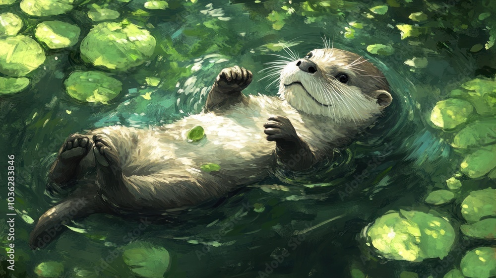 Poster a playful otter floats on its back in a pond with lily pads.
