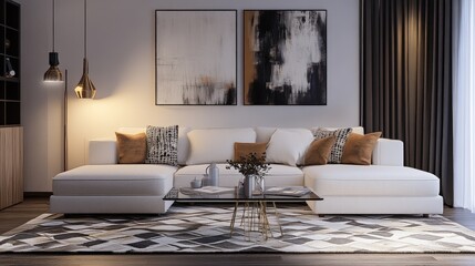 A stylish living room with a white fabric sofa, a geometric-patterned rug, and a glass coffee table, highlighted by abstract art on the wall and warm lighting.