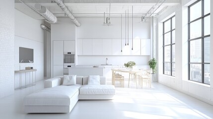 A stylish white apartment interior with a clean, minimalist design, showcasing a white kitchen, a modern dining table, and a cozy living area, all bathed in natural light from large windows.