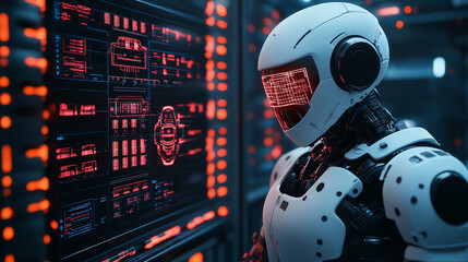 A futuristic robot with a sleek design, monitoring holographic screens filled with data and metrics in a high-tech environment.