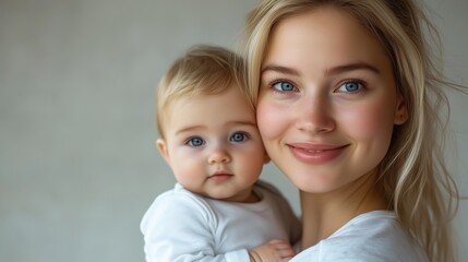 A blonde woman with blue eyes smiles and holds her baby in a white t-shirt against a light background