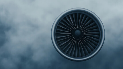 Close-up of an airplane turbine engine against a cloudy sky, showcasing intricate details and the power of aviation technology.