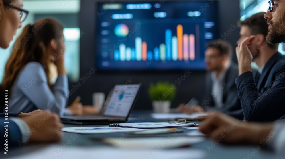 Aufkleber a team of business professionals engaged in a lively discussion during a meeting, with charts and re