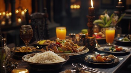 A lavish, candlelit dinner table set with a variety of dishes, including roasted chicken, rice, and vegetables.
