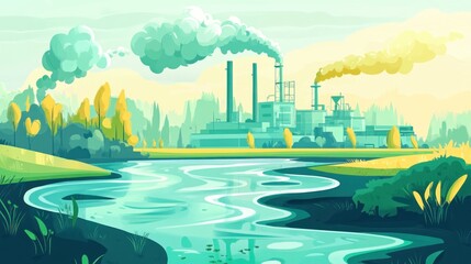 Fototapeta premium A stylized industrial landscape with factories, smokestacks, and a serene river.
