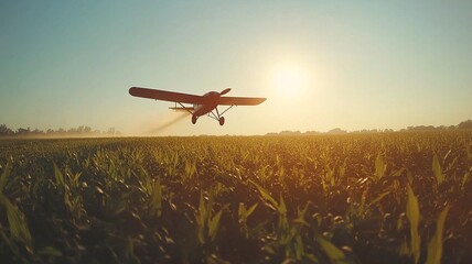 This striking image showcases an airplane spraying pesticide over a vast agricultural field, illustrating modern farming techniques and the importance of crop protection.

