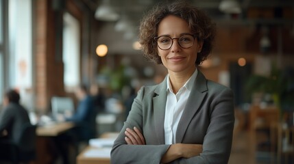 A confident businesswoman stands in an office, arms crossed and smiling at the camera with determination as her team works behind her.