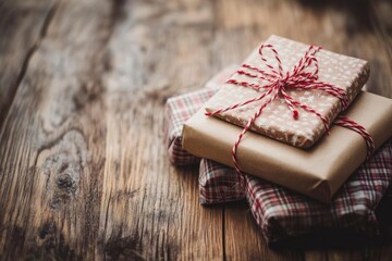 Fototapeta premium Merry Christmas theme ! Christmas presents on rustic wooden table , ai