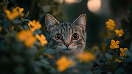 A photo of an elegant cat with large eyes, standing in the bushes, captured from behind and looking directly into the camera