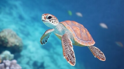 Obraz premium 3D Cute Baby Sea Turtle Swimming in a Pastel Colored Ocean Paradise