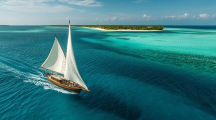 Obraz premium A traditional sailboat with billowing white sails cutting through turquoise waters, heading towards a distant island.