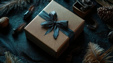 Craft gift box decorated with luxurious textured ribbons and feathers on a dark background