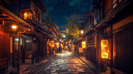 A tranquil Japanese street at night, lined with wooden buildings and lit by warm lanterns, the soft glow reflecting on the cobblestone path, with a starry sky in the background.