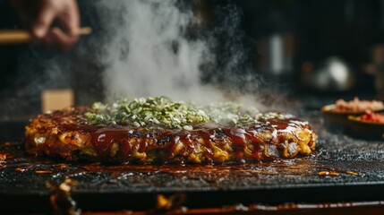 Delicious Okonomiyaki Being Cooked with Tasty Toppings