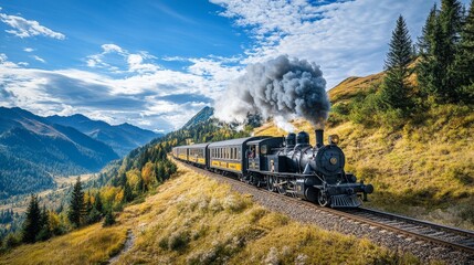 Obraz premium A vintage locomotive traveling along a winding track through a scenic valley, with puffs of steam rising into the blue sky.