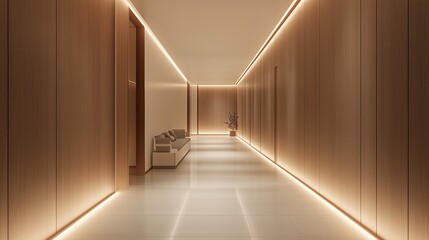 Modern minimalist interior design, featuring white and oak wood colors.