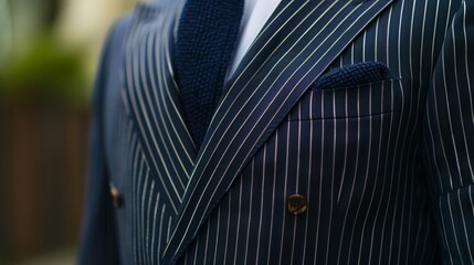 The striking contrast of bold pinstripes against a dark navy background gives this tailored suit a modern twist perfect for making a statement in a professional setting.