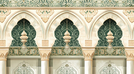 Obraz premium The intricate mosque wall in green, white, and beige tones, featuring a beautifully arched design, exuding arabic luxury and elegance, traditional islamic architecture. Byzantine Mosaics. Illustration