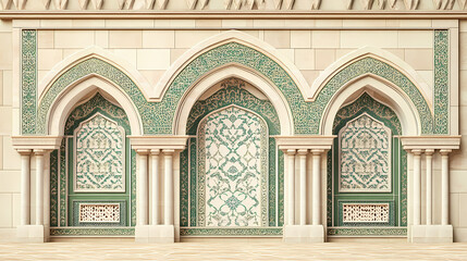 Obraz premium The intricate mosque wall in green, white, and beige tones, featuring a beautifully arched design, exuding arabic luxury and elegance, traditional islamic architecture. Byzantine Mosaics. Illustration