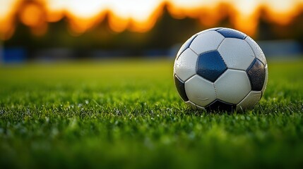Fototapeta premium A soccer ball on a lush green field at dusk, with the warm sunset creating a peaceful and inviting scene. Ideal for sports-related themes or casual soccer moments.