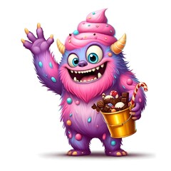 Fototapeta premium Colorful Monster with Candy Bucket and Happy Smile Illustration