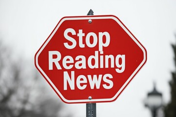 A bold red stop sign tells pedestrians to pause news reading, urging a mindful info consumption approach