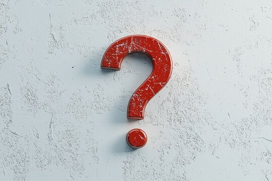 Bright red question mark on textured white wall evokes curiosity and prompts contemplation about various topics