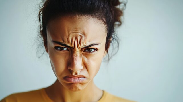 A woman with a scowling face, rolling her eyes and shaking her head in disappointment, isolated against a plain white background.