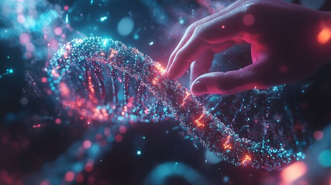 Futuristic hand reaching towards a shimmering DNA strand, vibrant cosmic background.